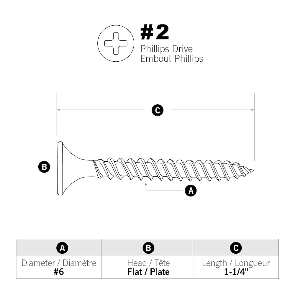 Vis à tête plate Phillips Drive n° 6 x 1-1/4 pouce pour cloisons sèches à filetage fin - 8 000 pièces
