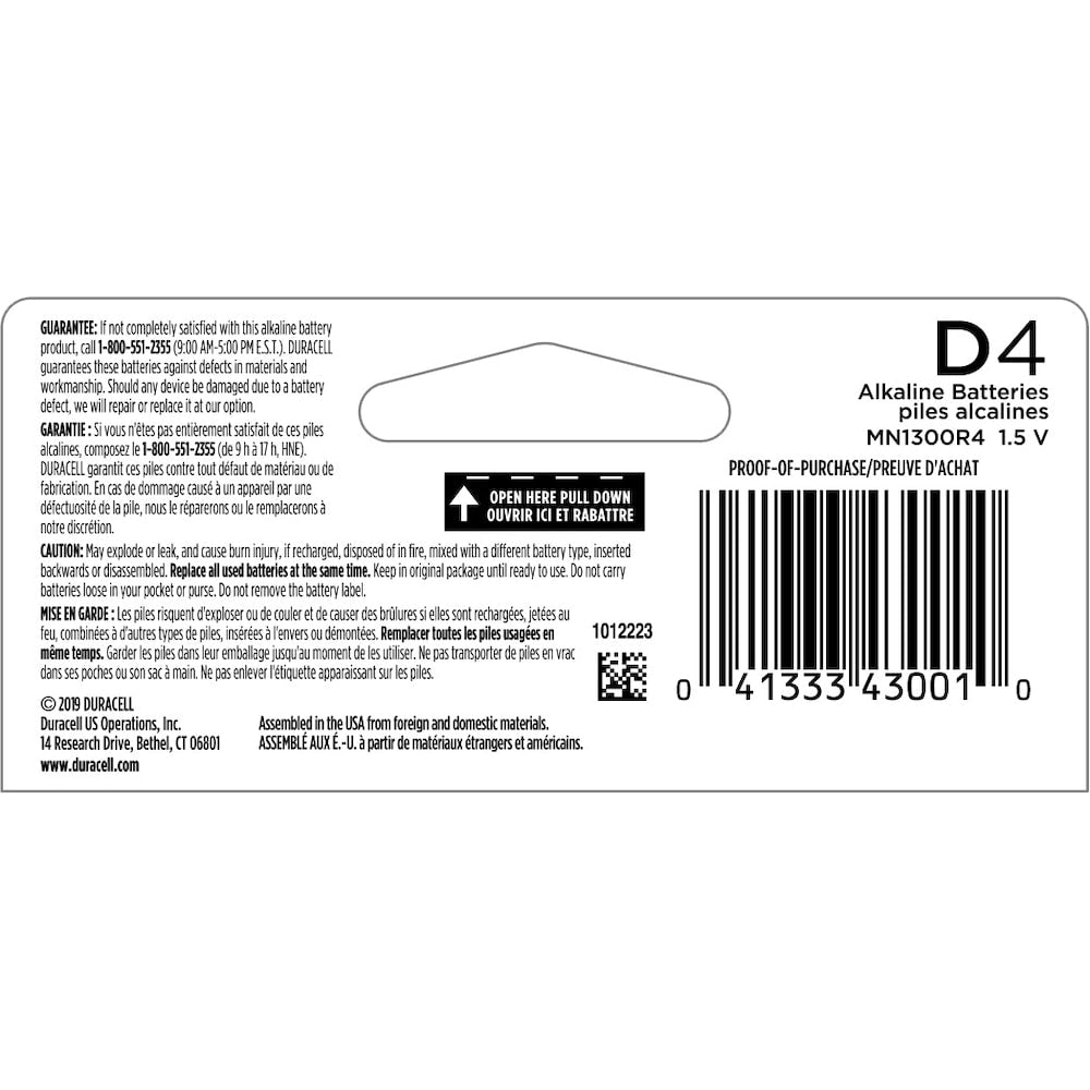 Coppertop D Battery, 4 Pack Alkaline D Batteries