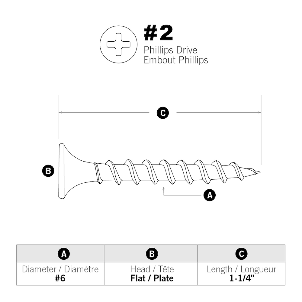 Vis à cloison sèche à filetage grossier à tête plate Phillips #6 x 1-1/4 pouce - 8000 pièces