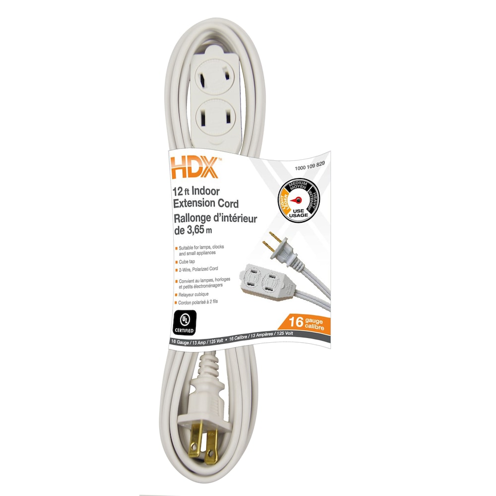 12 ft. 16 Gauge 13 Amps Indoor Light Duty Extension Cord for Small Appliances, White