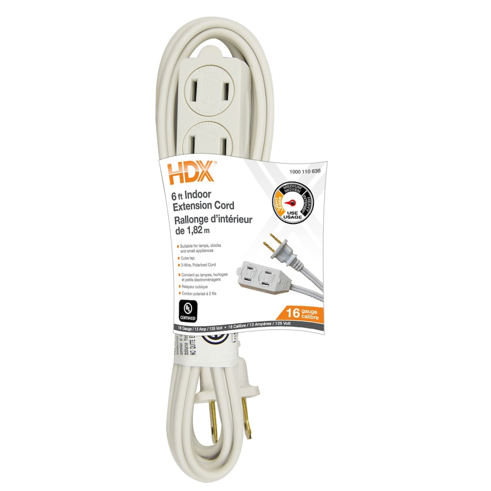 6 ft. 16 Gauge 13 Amps Indoor Light Duty Extension Cord, White