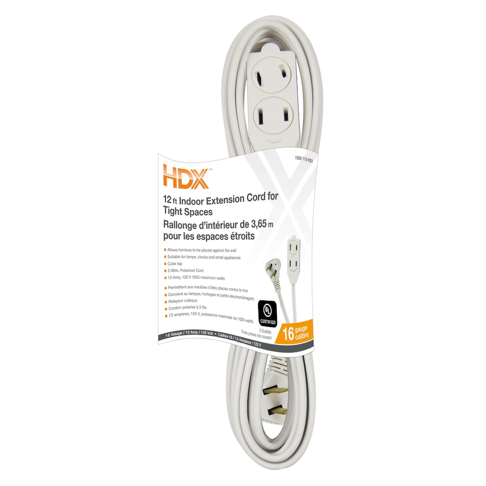 12 ft. 16 Gauge 13 Amps Indoor Light Duty 2-Outlet Extension Cord for Tight Spaces, White