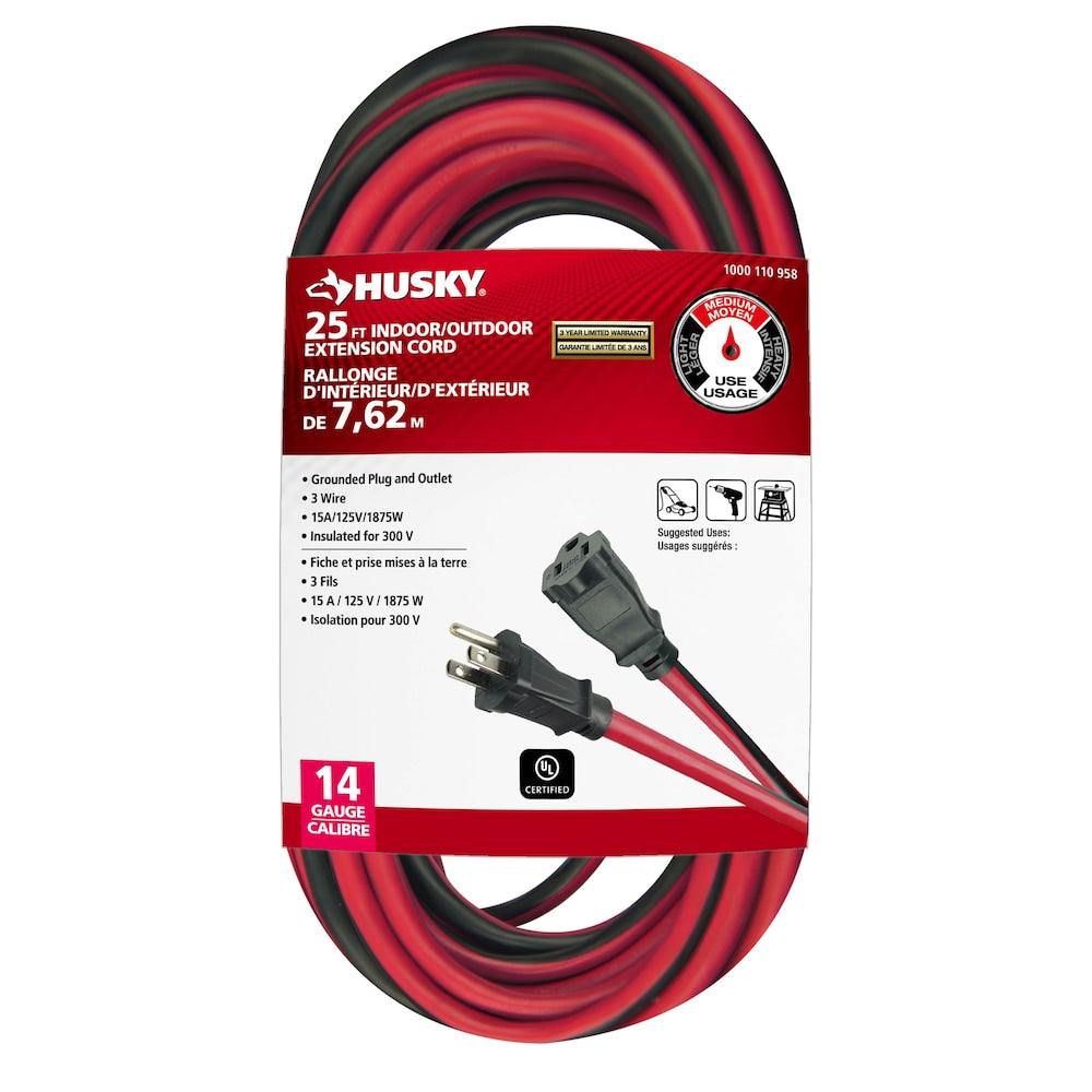 25 ft. 14 Gauge 15 Amps Indoor & Outdoor Medium Duty Extension Cord, Red/Black