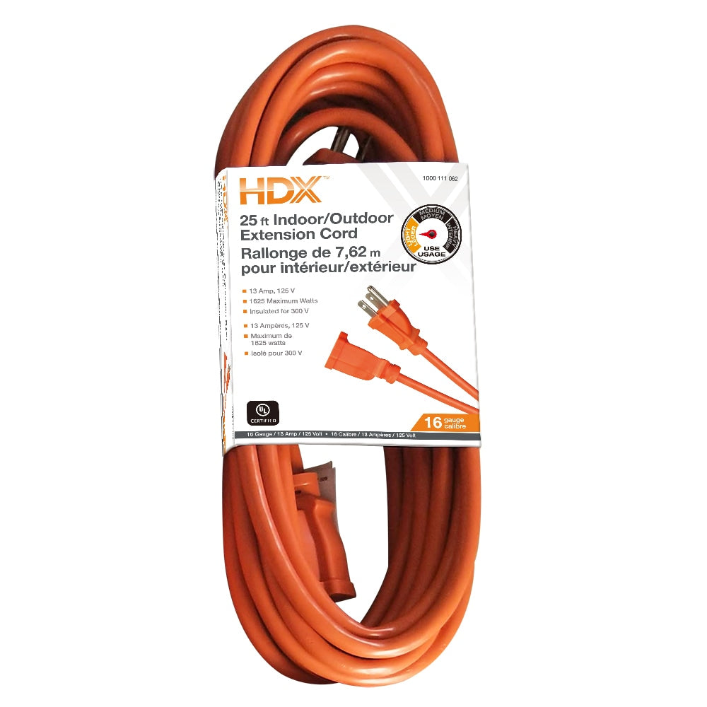 Rallonge pour travaux légers d'intérieur et d'extérieur de 25 pi, calibre 16, 13 A, orange