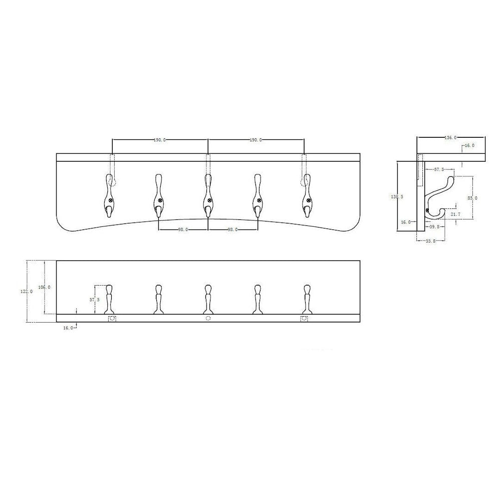 23 5/8-inch (601 mm) Utility Hook Rack with 5 Coat Hooks and Integrated Shelf, White and Matte Nickel Finish