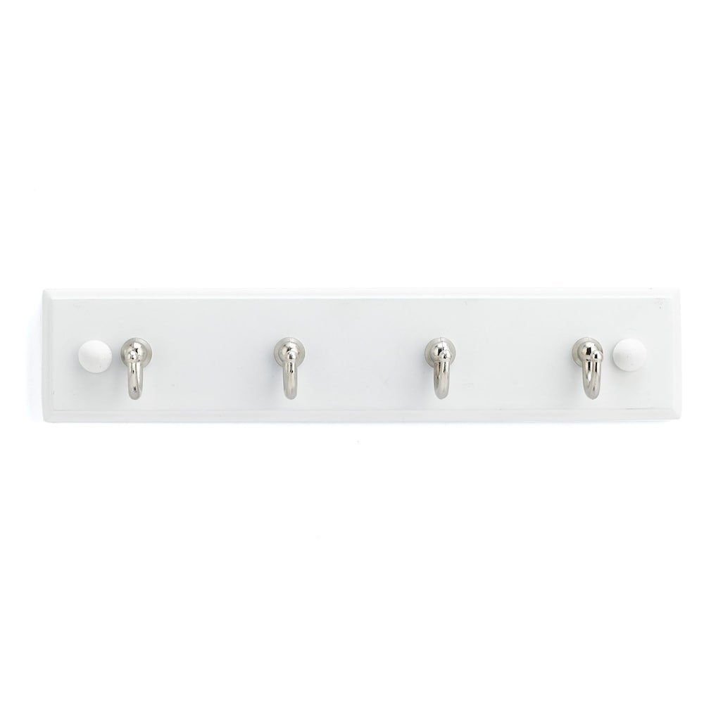 8 5/8-inch (219 mm) Utility Wood Key Rack with 4 Metal Hooks, White and Chrome Finish