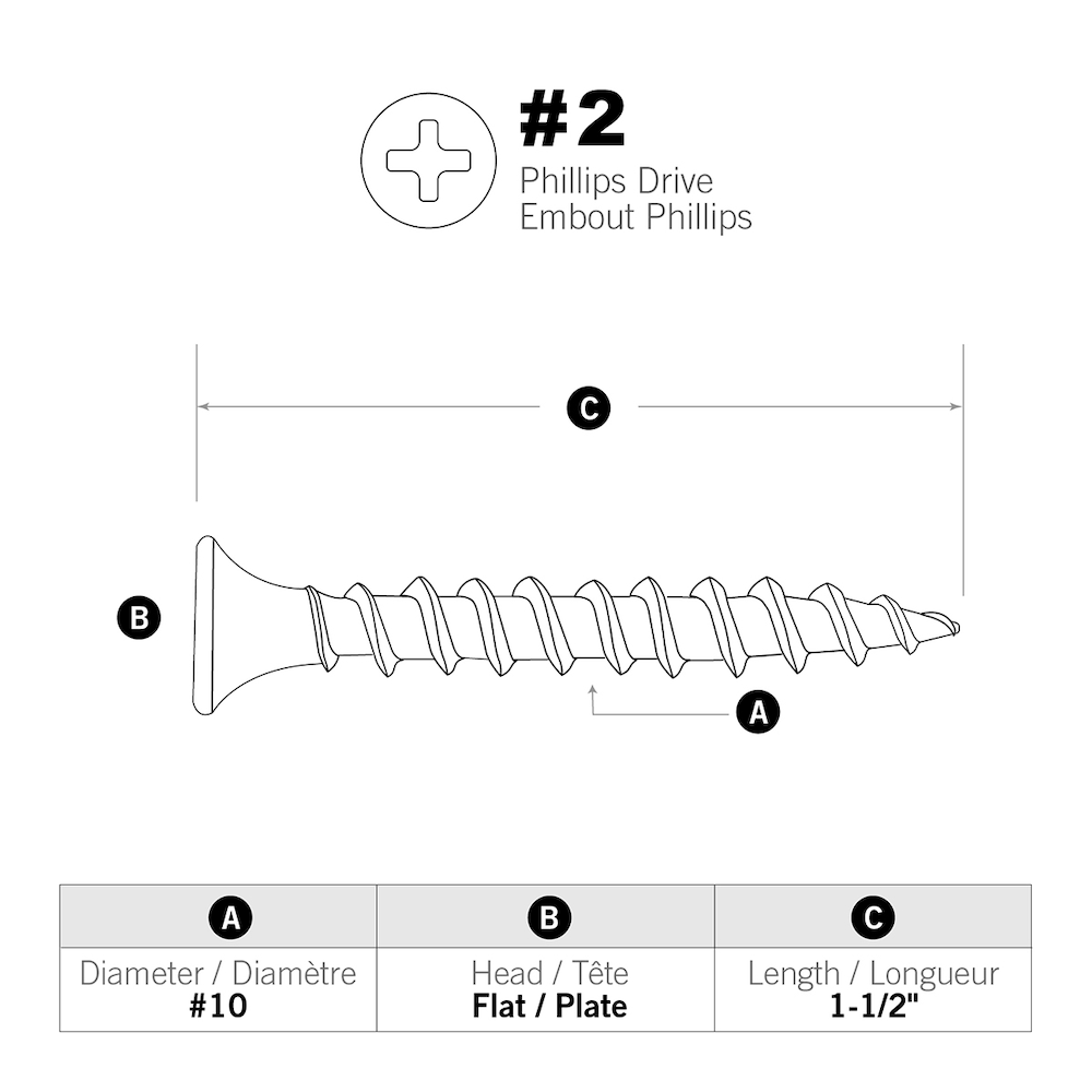 Vis de stratification à tête plate Phillips Drive #10 x 1-1/2 pouce, grossière, phosphate noir, 100 pièces