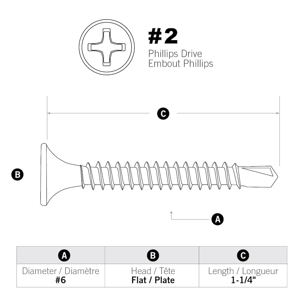 #6 x 1-1/4 -inch Flat Head Phillips Drive Drywall Screws Self-Drilling Fine,100pcs