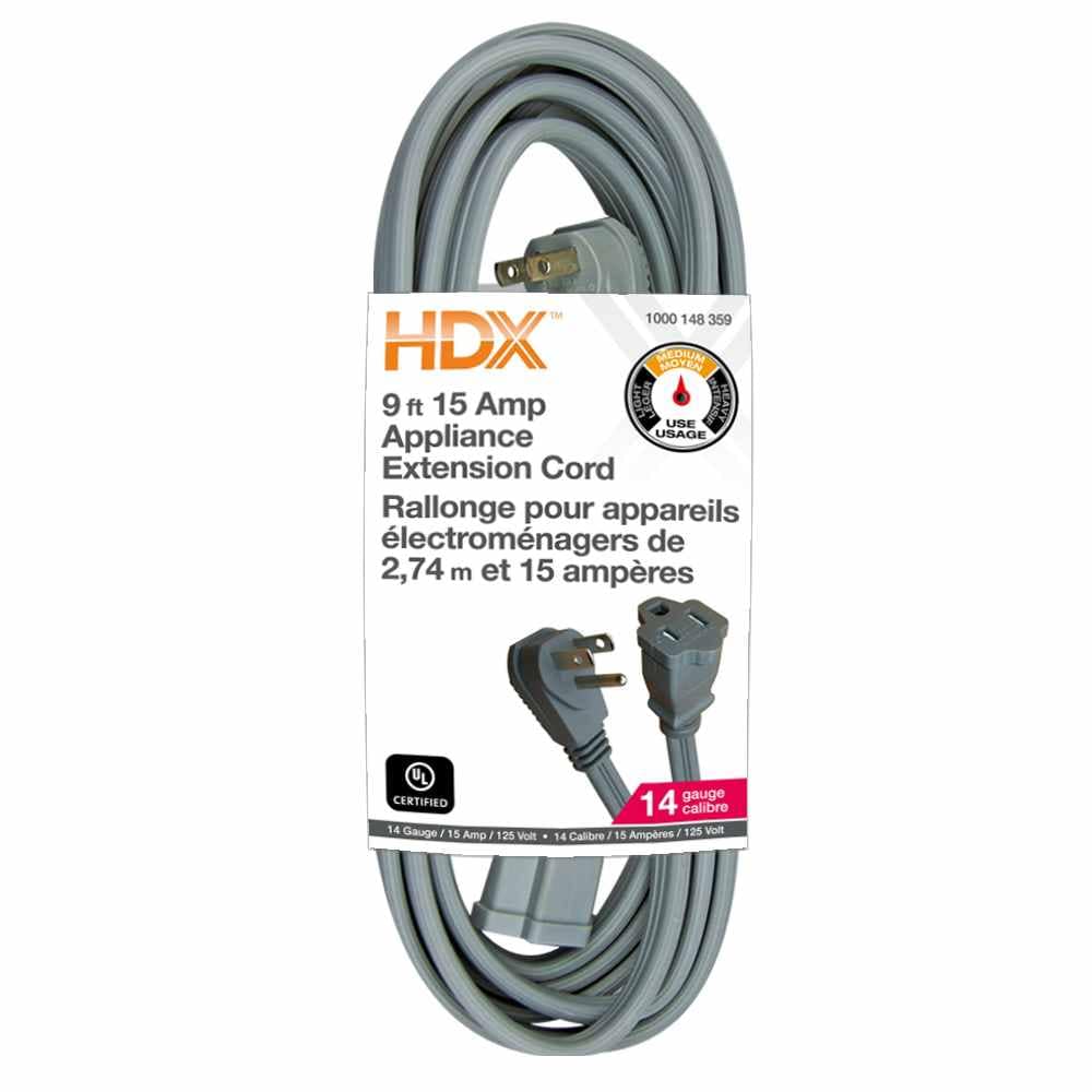 9 ft. 14 Gauge 15 Amps Indoor Medium Duty Extension Cord, Grey