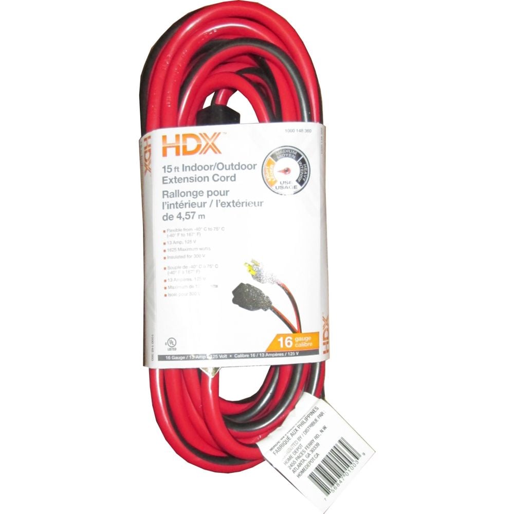 15 ft. 16 Gauge 13 Amps Indoor & Outdoor Light Duty Extension Cord, Black/Red