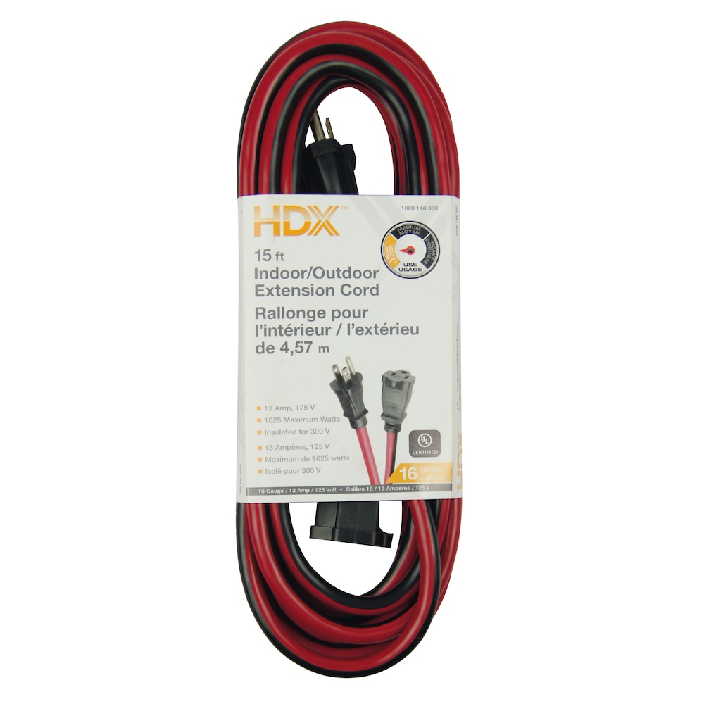 15 ft. 16 Gauge 13 Amps Indoor & Outdoor Light Duty Extension Cord, Black/Red