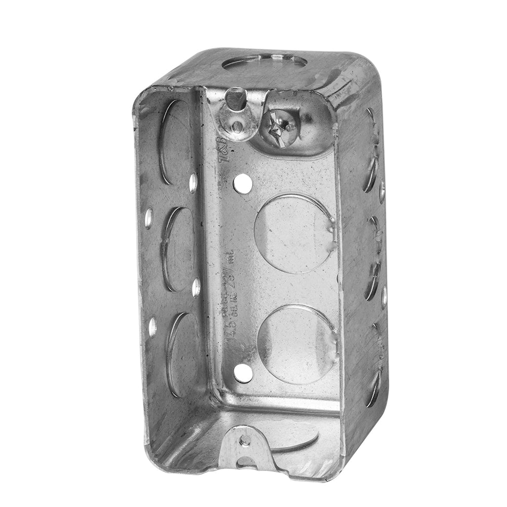 4 x 2-1/8 x 1-7/8 in. D single gang 14.0 cu in. rectangable utility box with knockouts and raised ground screw.
