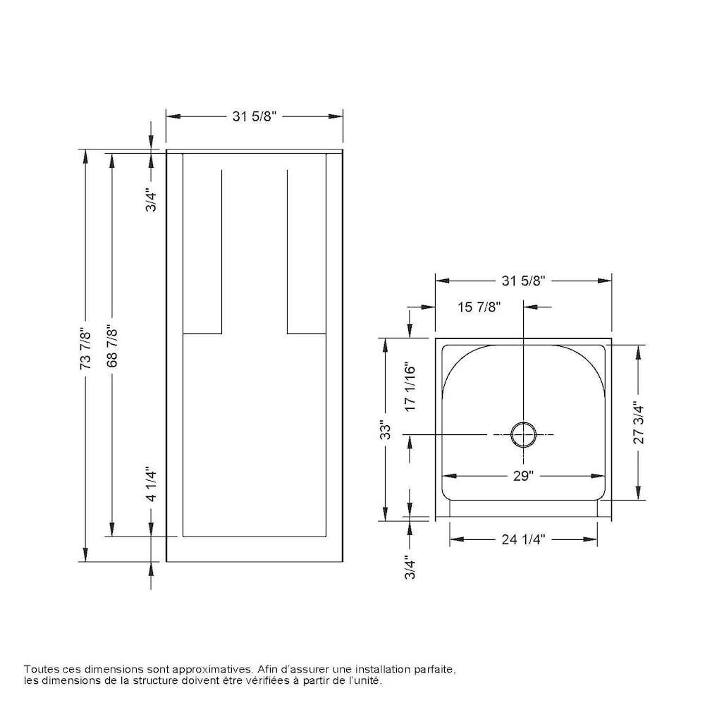 Biarritz 30 in. L x 32 in. W x 75 in. H 1-Piece AcrylX Shower Stall/Kit with Centre Drain Base, Wall Surround & Built-In Shelves
