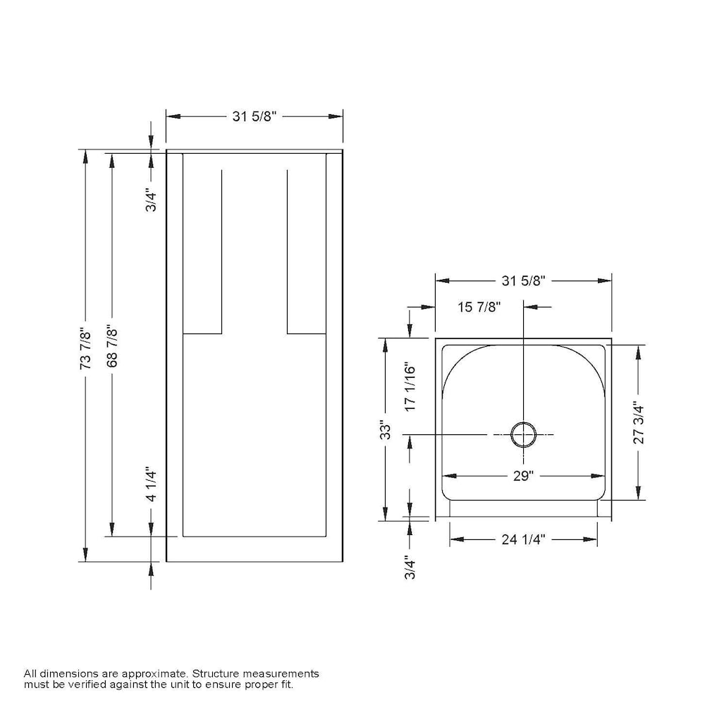 Biarritz 30 in. L x 32 in. W x 75 in. H 1-Piece AcrylX Shower Stall/Kit with Centre Drain Base, Wall Surround & Built-In Shelves