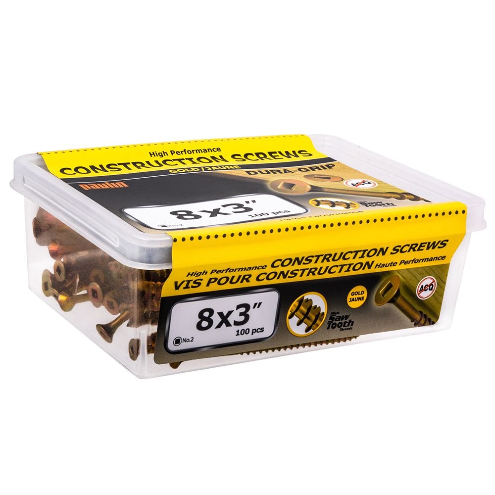 Vis de construction à tête plate carrée #8 x 3 pouces en zinc jaune - 100 pièces