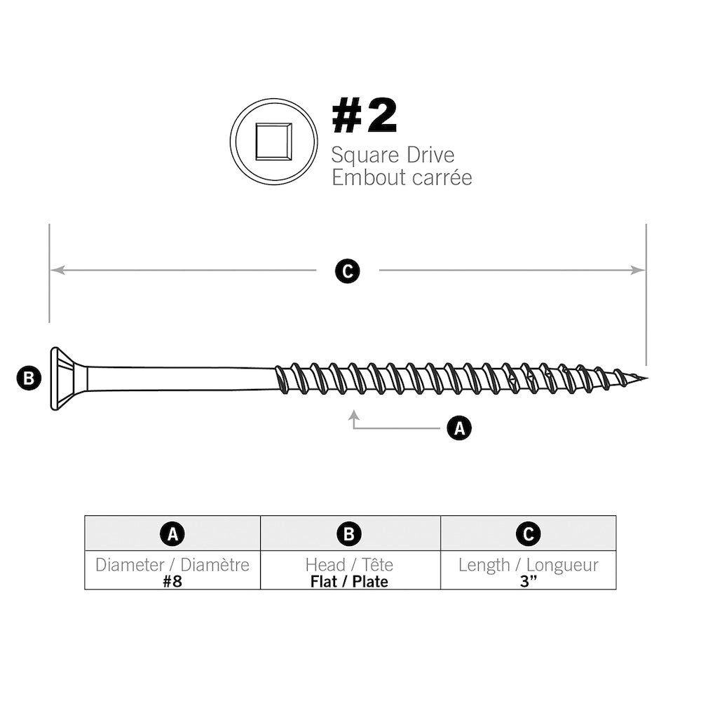 Vis de construction à tête plate carrée #8 x 3 pouces en zinc jaune - 100 pièces