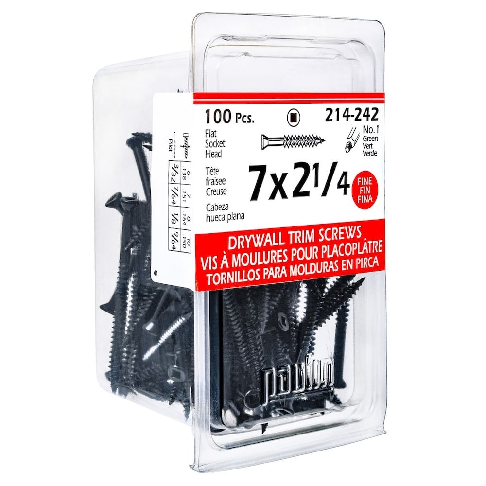 #7 x 2-1/4 -inch Trim Head Square Drive Drywall Screws, Fine, Black Phosphate, 100pcs