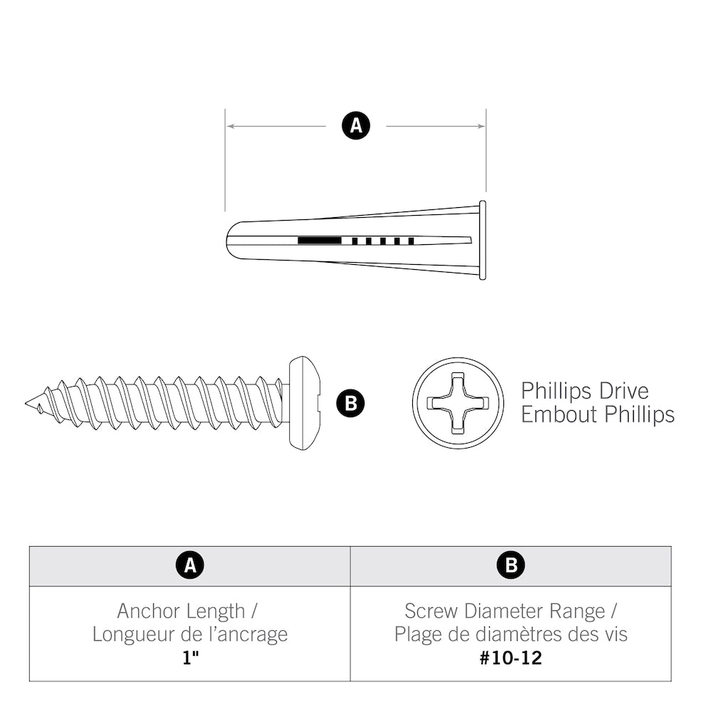 Ancrages coniques en plastique n° 10-12x1 pouce avec vis - 100 pièces