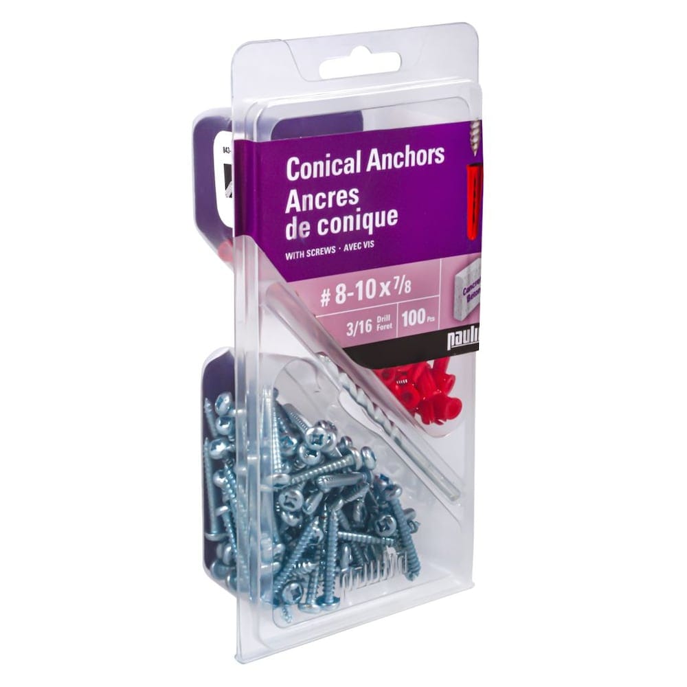 #8-10x7/8-inch Plastic Conical Anchors with Screws - 100pc