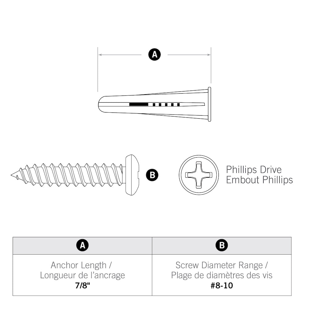 #8-10x7/8-inch Plastic Conical Anchors with Screws - 100pc