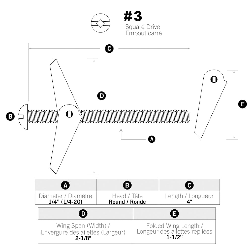 Boulons à bascule 1/4 x 4 pouces - Paquet de 12