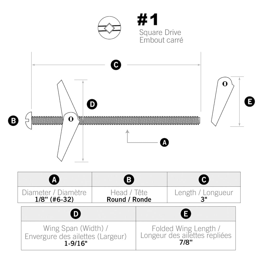 Boulons à bascule 1/8 x 3 pouces - Paquet de 25