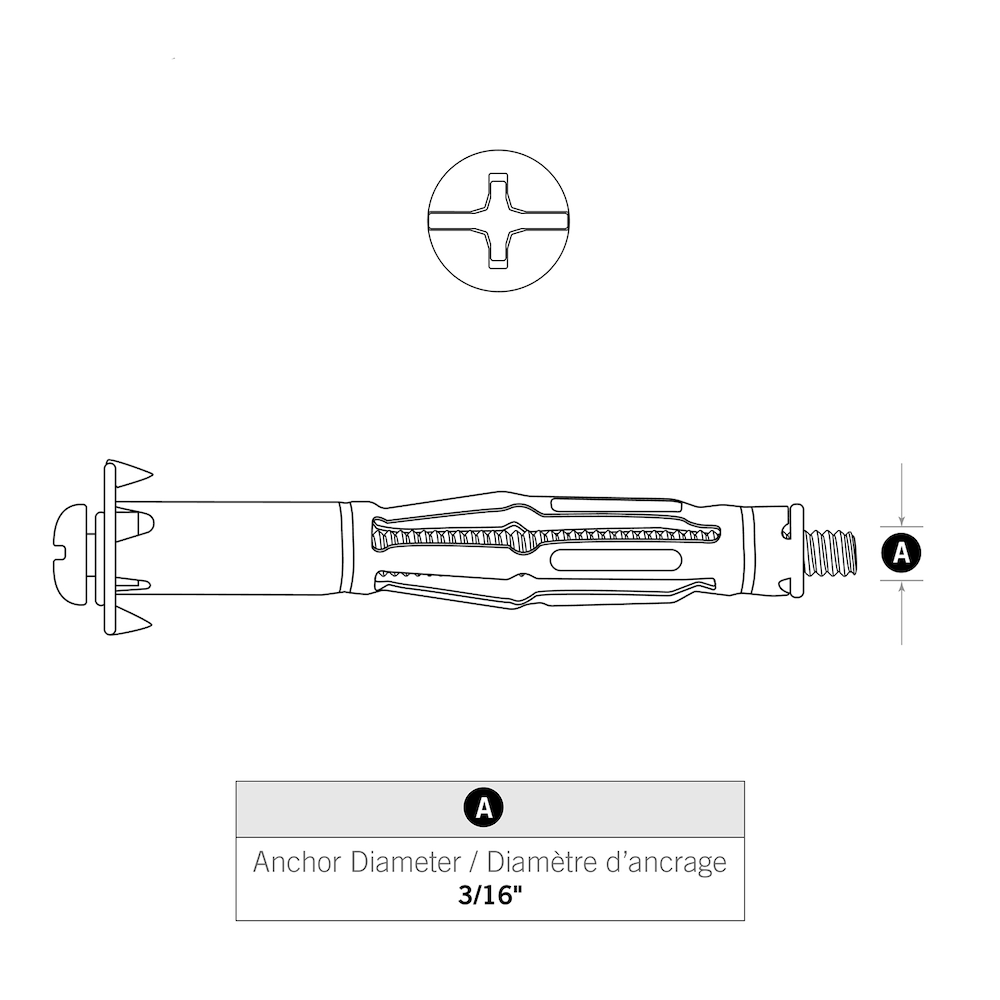 Ancrages pour murs creux en L de 3/16 pouces - 3 pièces
