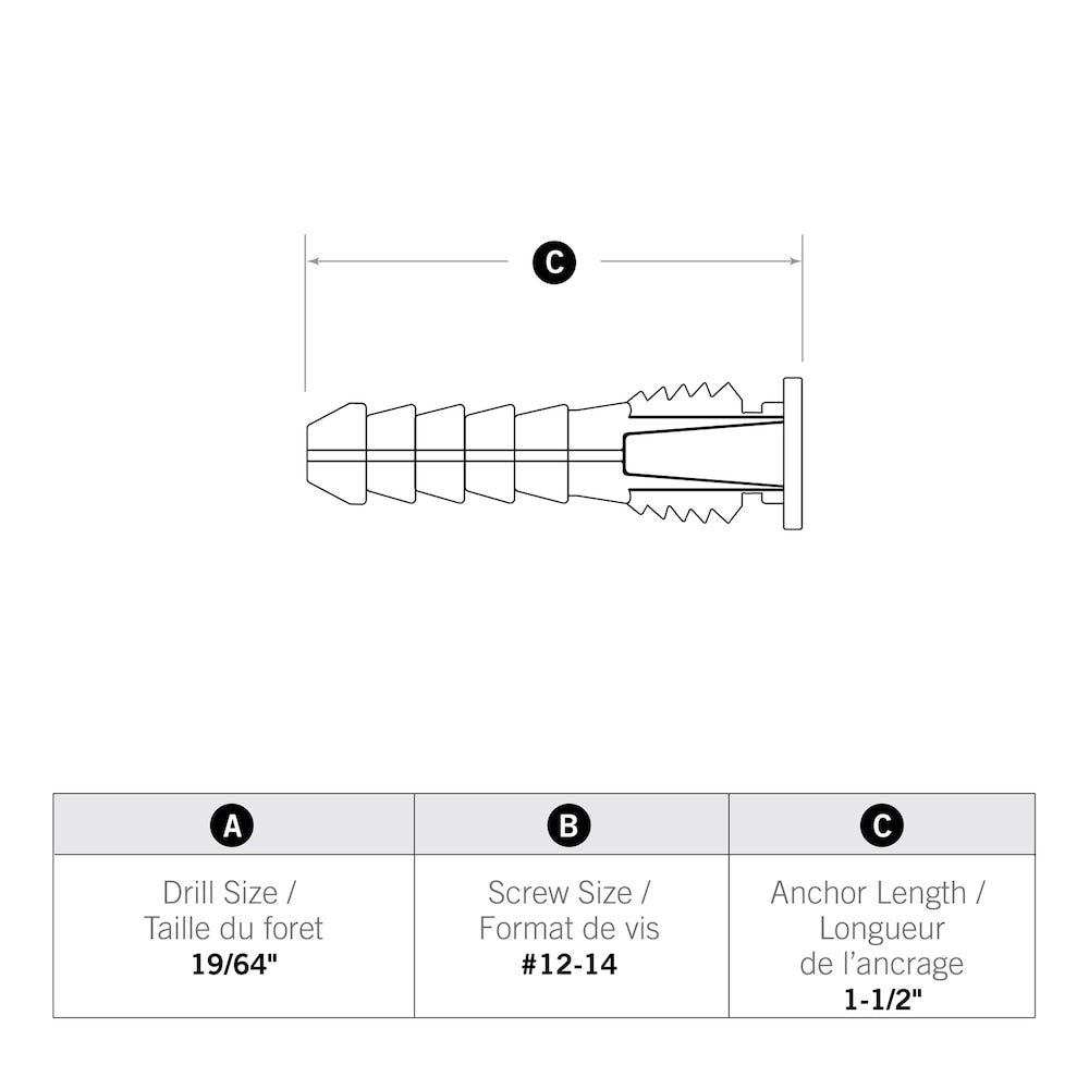 Ancrages en plastique jaune 12-14x1-1/2 pouces -10 pièces