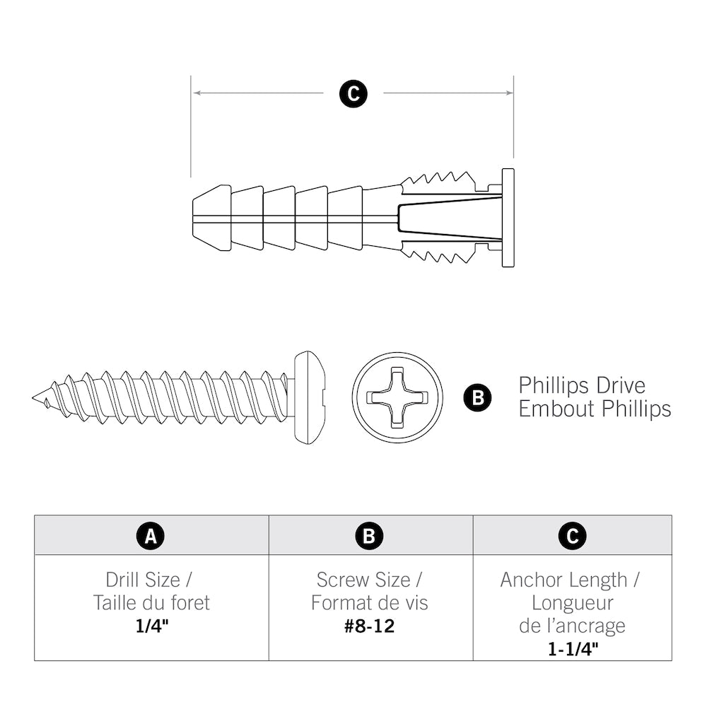 Ancrages en plastique jaune 8-12x1-1/4 pouces avec vis - 10 pièces