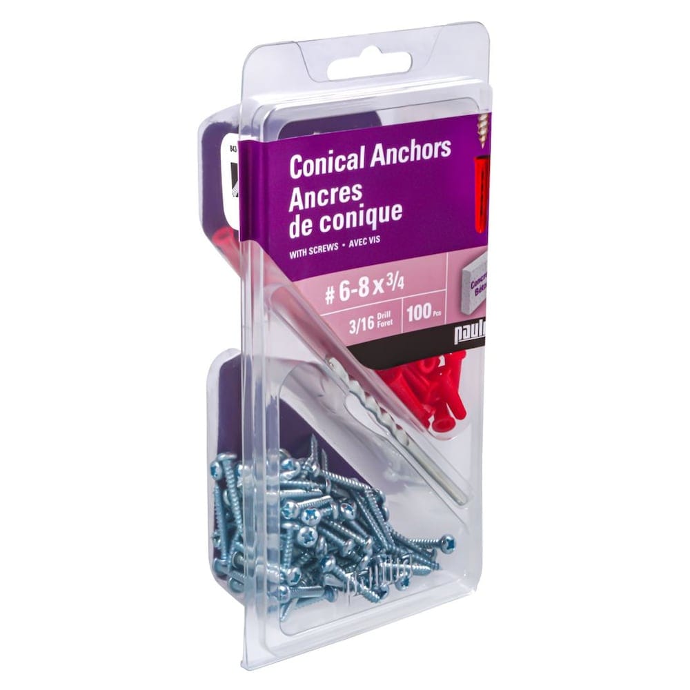 Ancrages coniques en plastique #6-8x 3/4 de pouce avec vis - 100 pièces