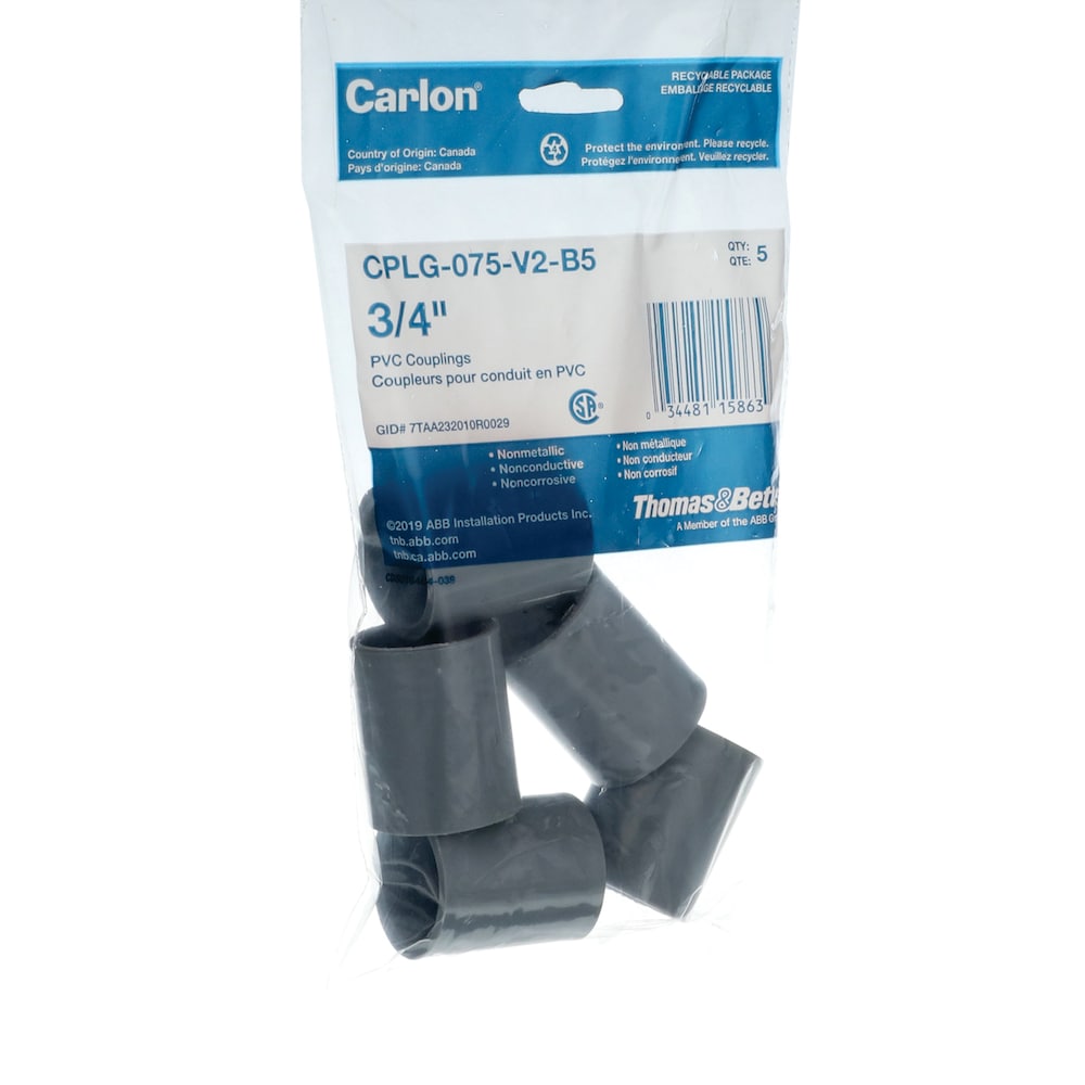 Raccord de conduit en PVC gris Schedule 40 de 3/4 po. (Sac de 5 unités)