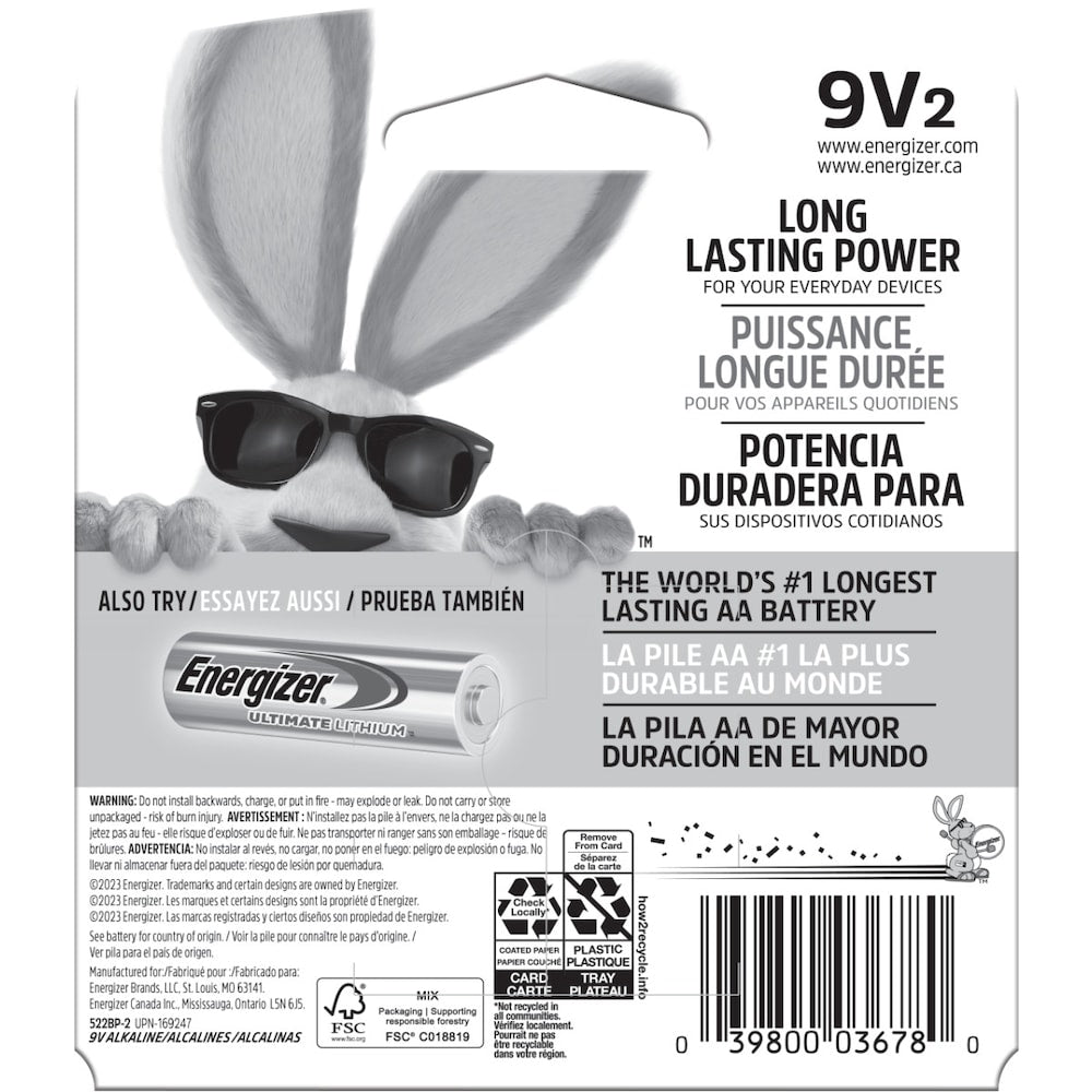 Piles Energizer MAX 9 V (lot de 2), piles alcalines 9 volts