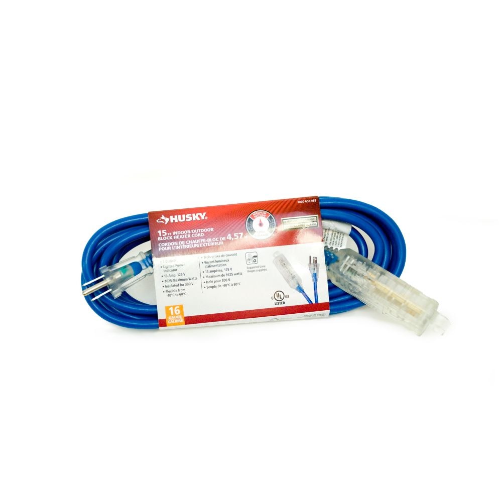 15 ft. 16 Gauge 13 Amps Indoor & Outdoor Medium Duty Block Heater Extension Cord, Blue