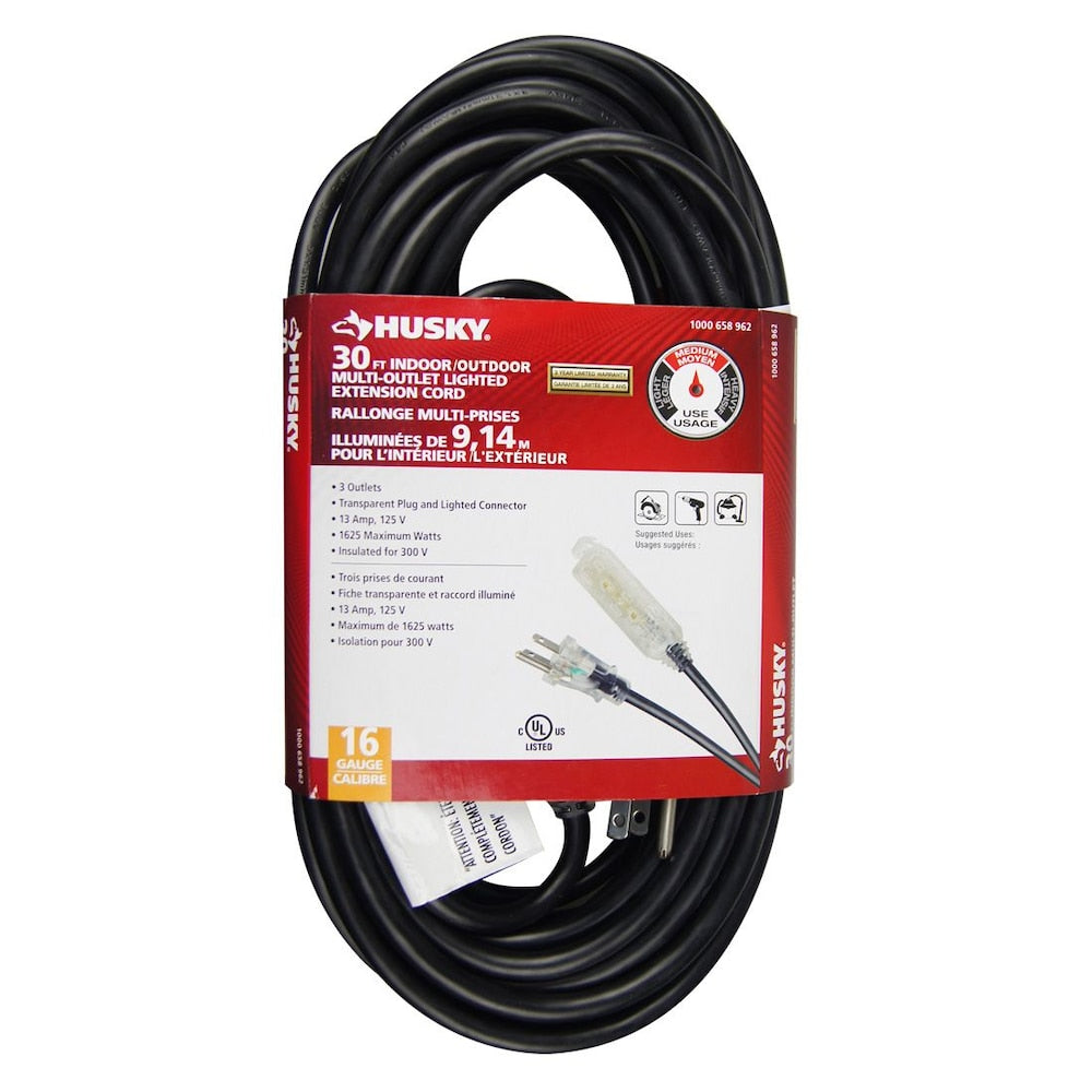 30 ft. 16 Gauge 13 Amps Indoor & Outdoor Medium Duty 3-Outlet Lighted Extension Cord, Black
