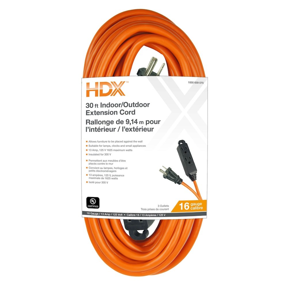 30 ft. 16 Gauge 13 Amps Indoor & Outdoor Light Duty 3-Outlets Extension Cord, Orange