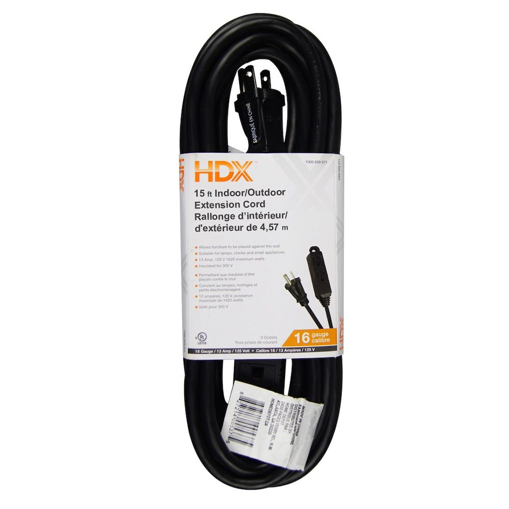 15 ft. 16 Gauge 13 Amps Indoor & Outdoor Light Duty Extension Cord, Black