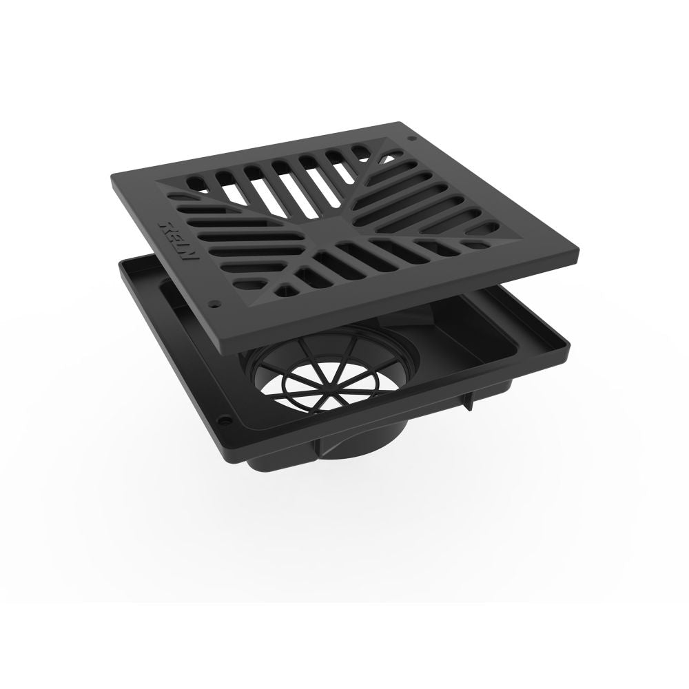 9 in. Square Low Profile Drainage Catch Basin with Black Grate
