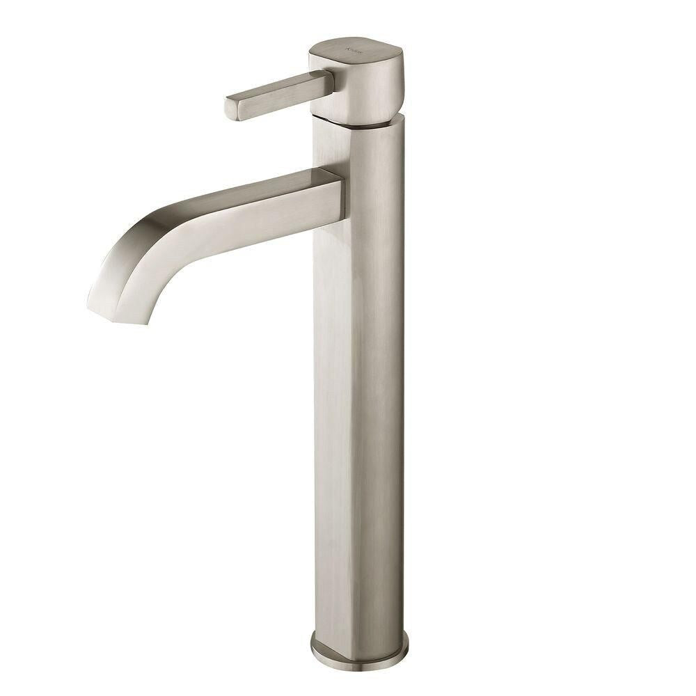 Robinet de salle de bain à poignée unique et trou unique Ramus avec bonde escamotable assortie en nickel satiné