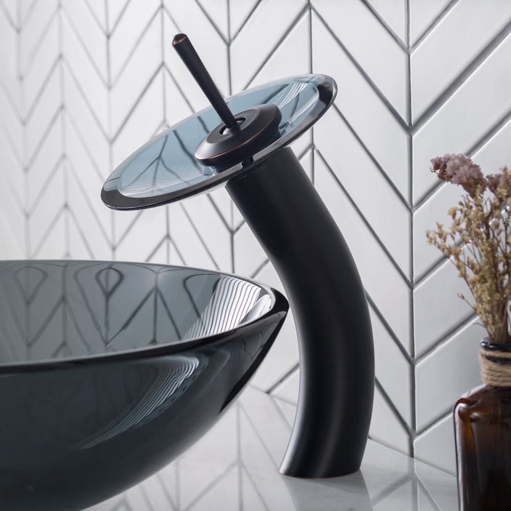 Single Hole 1-Handle Waterfall-Flow Bathroom Faucet in Bronze with Lever Handle