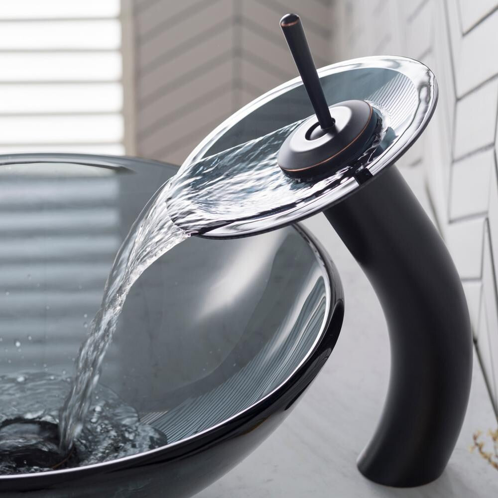 Single Hole 1-Handle Waterfall-Flow Bathroom Faucet in Bronze with Lever Handle