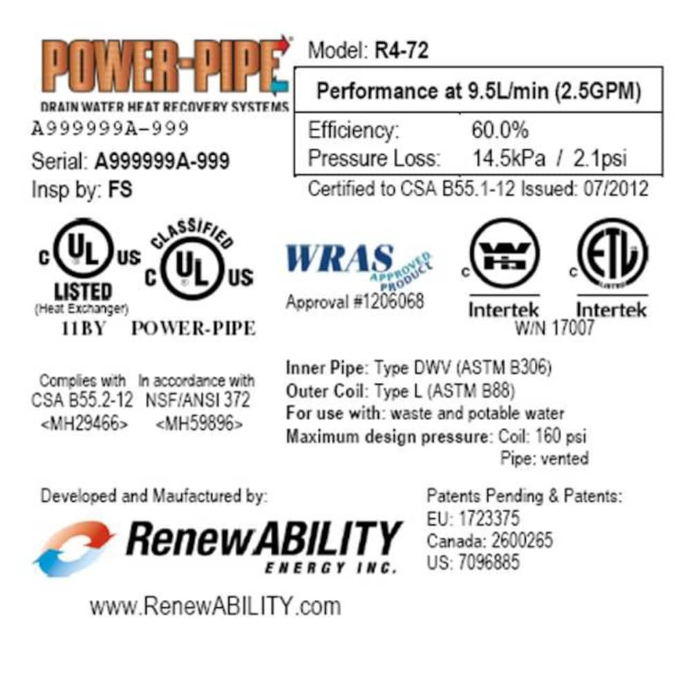 R4-72 Drain Water Heat Recovery Unit