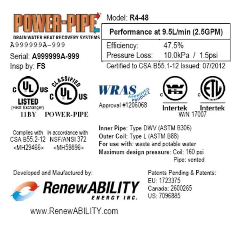 R4-48 Drain Water Heat Recovery Unit