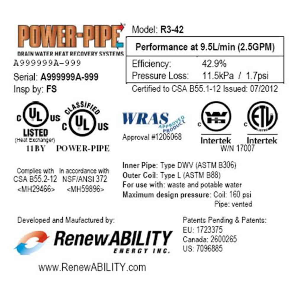 R3-42 Drain Water Heat Recovery Unit