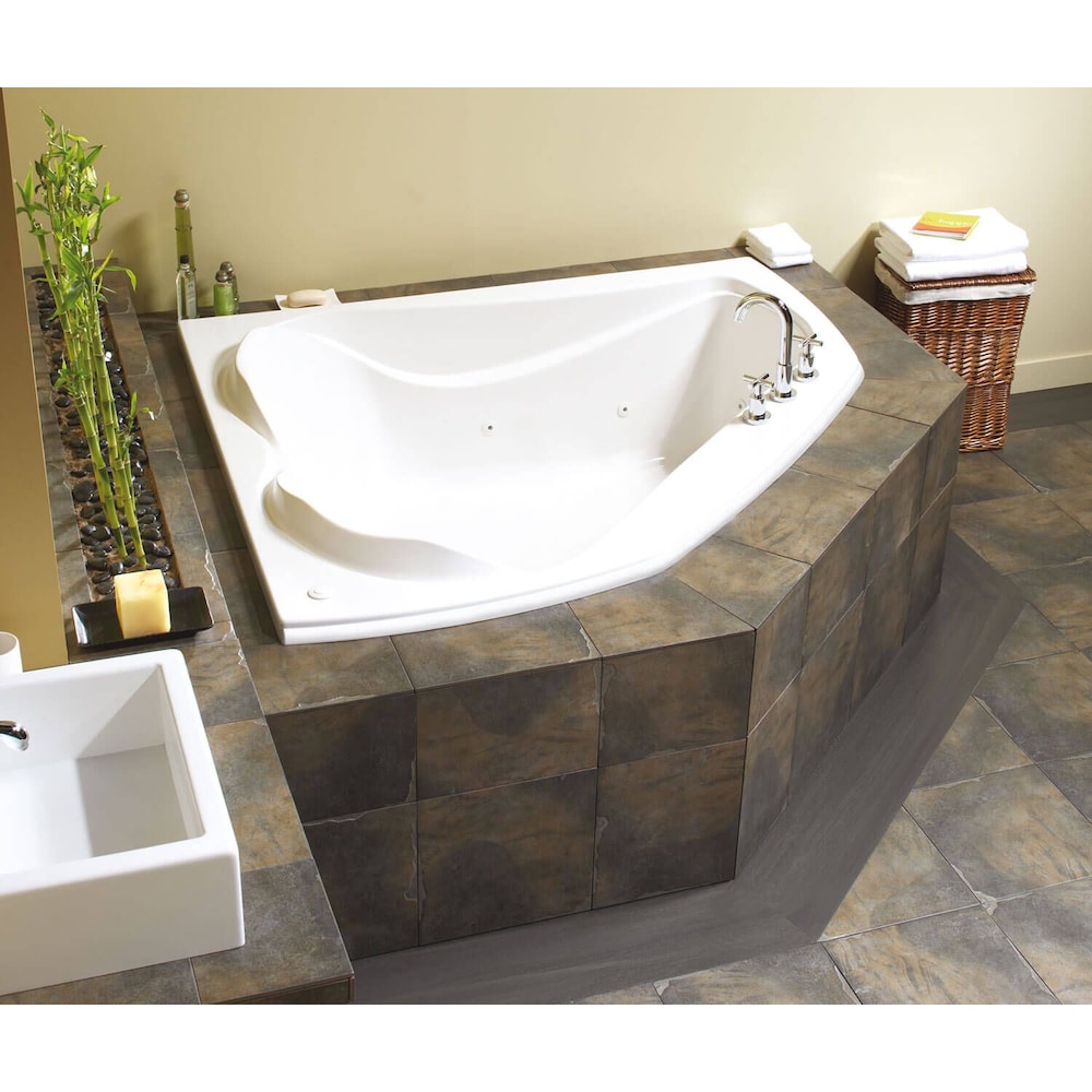 Cocoon 60L x 54W x 21H Acrylic Corner Bathtub, Centre Drain, in White with 15-inch Soaking Depth