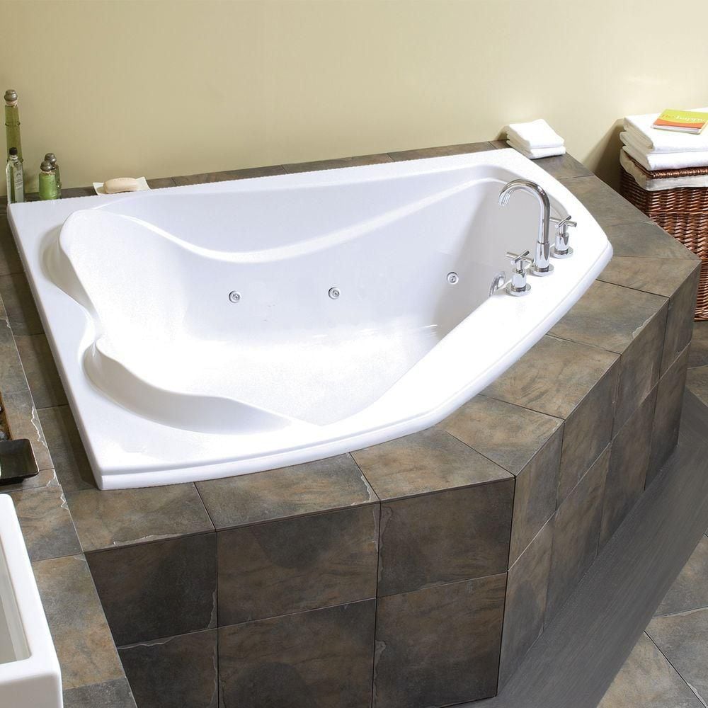 Cocoon 60L x 54W x 21H Acrylic Corner Bathtub, Centre Drain, in White with 15-inch Soaking Depth with Hydrosens Whirlpool