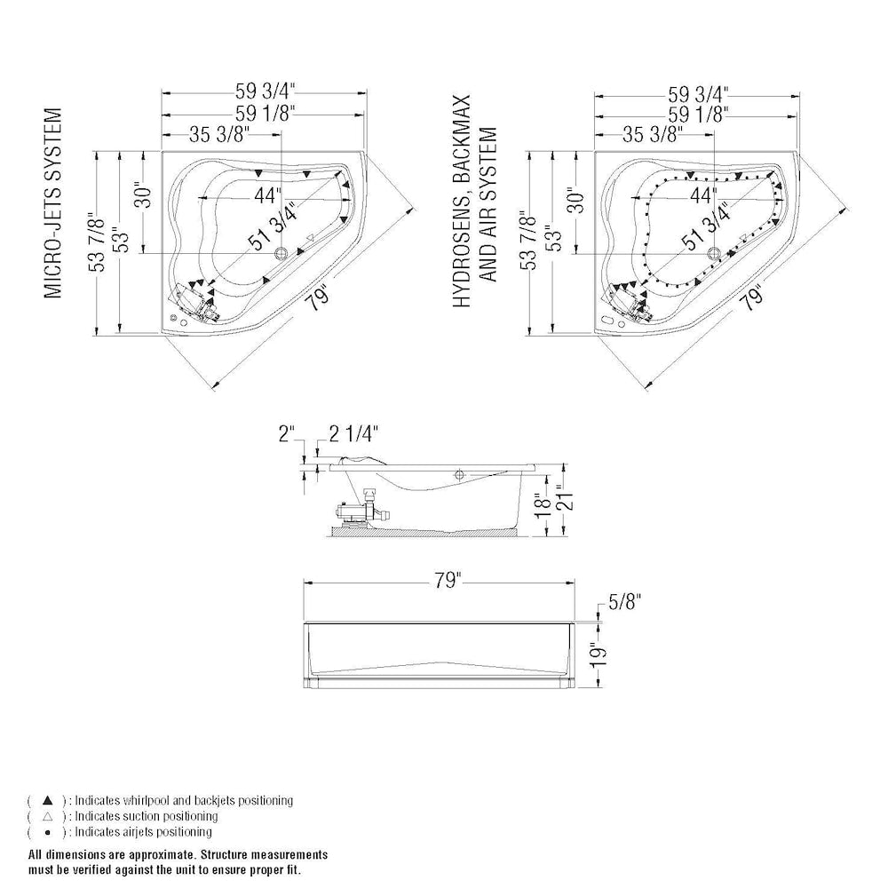 Cocoon 60L x 54W x 21H Acrylic Corner Bathtub, Centre Drain, in White with 15-inch Soaking Depth with Hydrosens Whirlpool