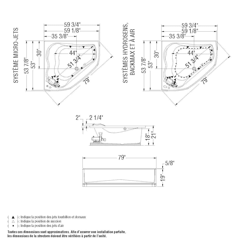 Cocoon 60L x 54W x 21H Acrylic Corner Bathtub, Centre Drain, in White with 15-inch Soaking Depth