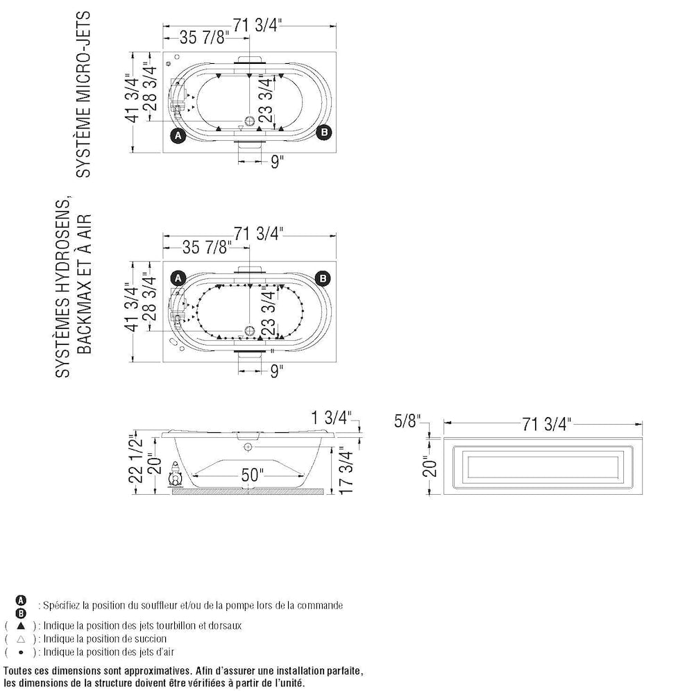 Antigua 72L x 42W x 22H Acrylic Drop-In Bathtub in White with 15-inch Soaking Depth, Combined Hydrosens/Aerosens Whirlpool