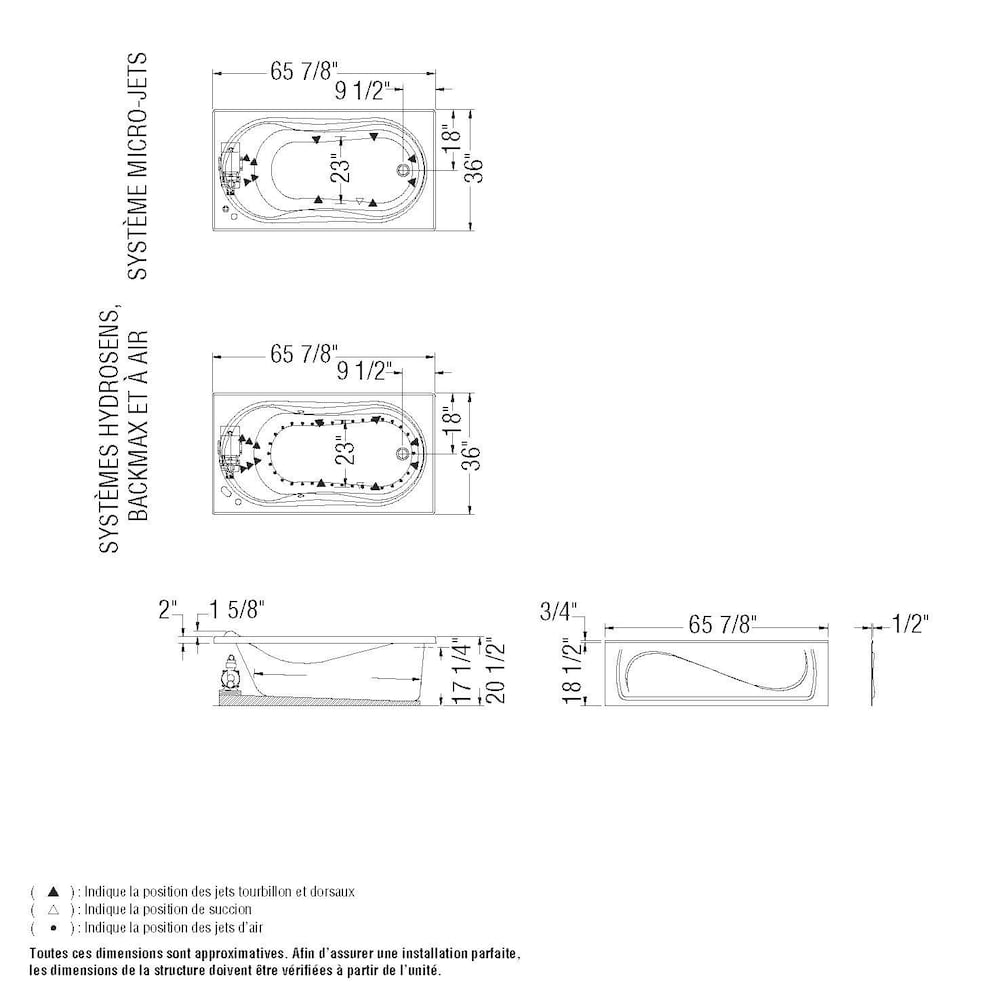 Cocoon 66L x 36W x 21H Acrylic Drop-In Bathtub, End Drain, in White with 15-inch Soaking Depth with Hydrosens & Aerosens Whirlpool