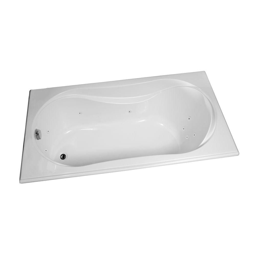 Baignoire encastrable en acrylique Cocoon 66L x 36W x 21H, drain d'extrémité, en blanc avec profondeur de trempage de 15 pouces avec bain à remous 10 microjets